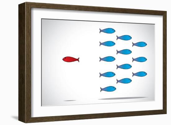 A Sharp Smart Alert Happy Red Fish with Open Eyes Going in opposite Direction of Group of Sad Fishe-Harisha-Framed Art Print