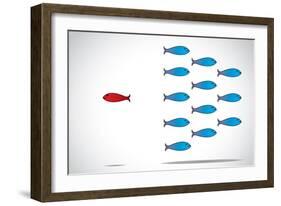 A Sharp Smart Alert Happy Red Fish with Open Eyes Going in opposite Direction of Group of Sad Fishe-Harisha-Framed Art Print