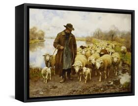 A Shepherd and Sheep by a Lake-Julius Hugo Bergmann-Framed Stretched Canvas