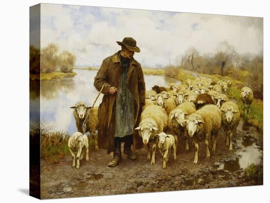 A Shepherd and Sheep by a Lake-Julius Hugo Bergmann-Stretched Canvas