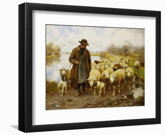 A Shepherd and Sheep by a Lake-Julius Hugo Bergmann-Framed Giclee Print