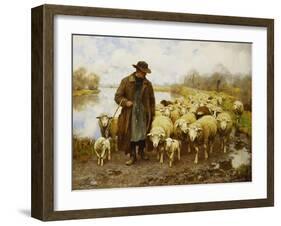 A Shepherd and Sheep by a Lake-Julius Hugo Bergmann-Framed Giclee Print