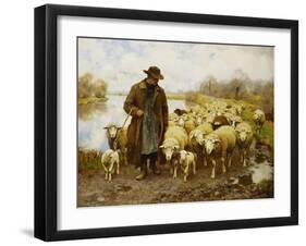 A Shepherd and Sheep by a Lake-Julius Hugo Bergmann-Framed Giclee Print