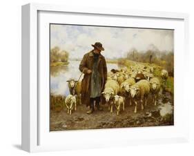 A Shepherd and Sheep by a Lake-Julius Hugo Bergmann-Framed Giclee Print