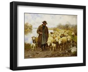 A Shepherd and Sheep by a Lake-Julius Hugo Bergmann-Framed Premium Giclee Print