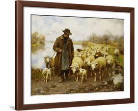 A Shepherd and Sheep by a Lake-Julius Hugo Bergmann-Framed Giclee Print