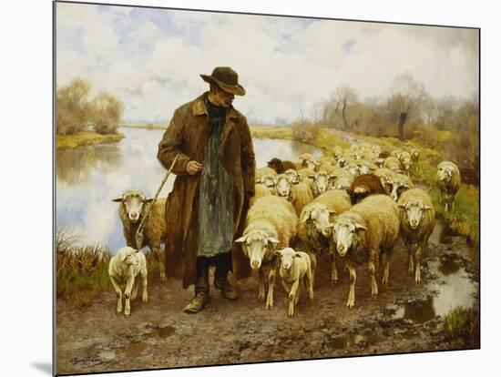 A Shepherd and Sheep by a Lake-Julius Hugo Bergmann-Mounted Giclee Print