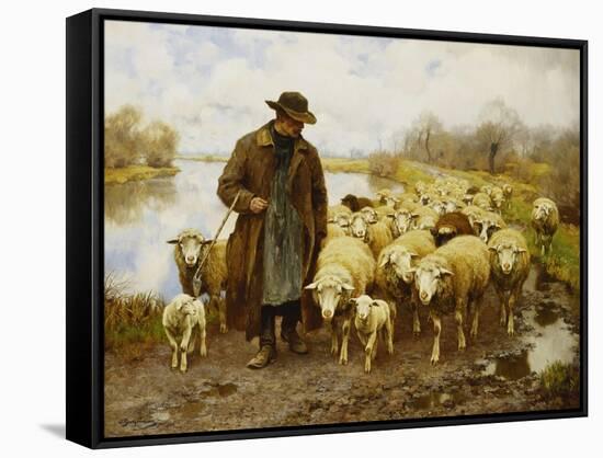 A Shepherd and Sheep by a Lake-Julius Hugo Bergmann-Framed Stretched Canvas