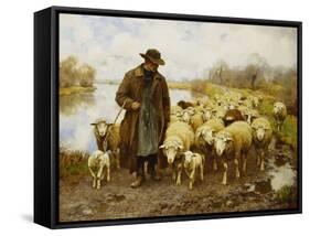 A Shepherd and Sheep by a Lake-Julius Hugo Bergmann-Framed Stretched Canvas