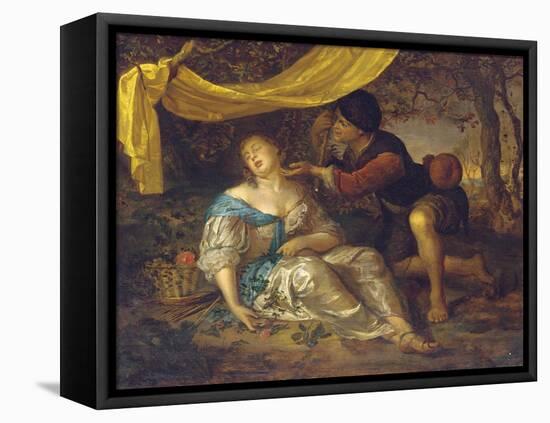 A Shepherd Kneeling over a Lady Sleeping under a Canopy in a Wooded Landscape-Karel De Moor-Framed Stretched Canvas