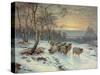 A Shepherd with His Flock in a Winter Landscape-Wright Baker-Stretched Canvas