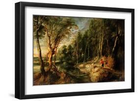 A Shepherd with His Flock in a Woody Landscape, C.1615-22 (Oil on Oak)-Peter Paul Rubens-Framed Giclee Print