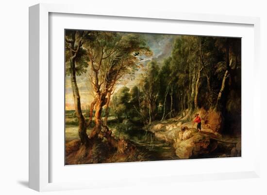 A Shepherd with His Flock in a Woody Landscape, C.1615-22 (Oil on Oak)-Peter Paul Rubens-Framed Giclee Print