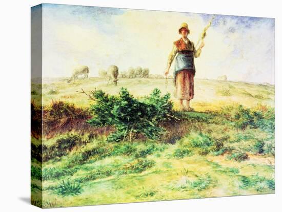 A Shepherdess and her Flock by Millet-Jean-Francois Millet-Stretched Canvas