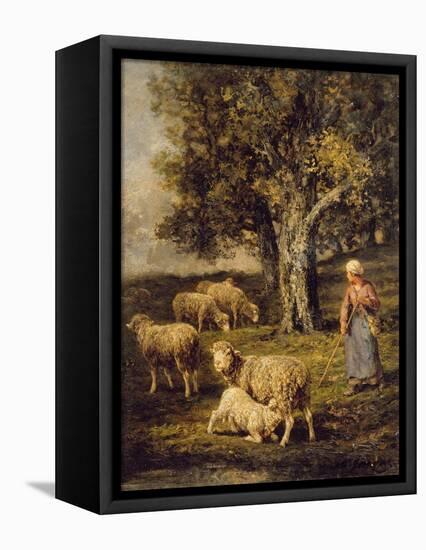 A Shepherdess and Sheep in a Barbizon Landscape-Charles Emile Jacque-Framed Stretched Canvas
