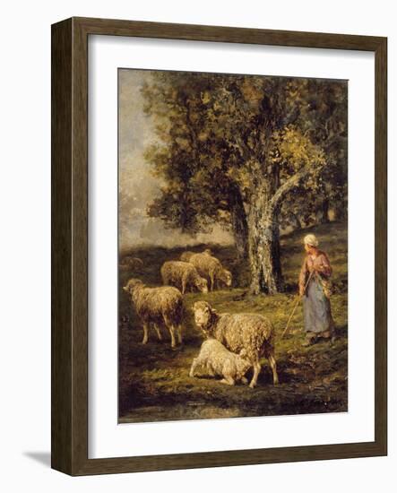 A Shepherdess and Sheep in a Barbizon Landscape-Charles Emile Jacque-Framed Giclee Print