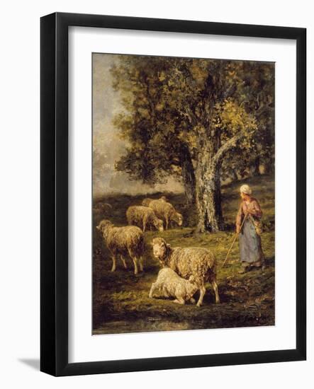 A Shepherdess and Sheep in a Barbizon Landscape-Charles Emile Jacque-Framed Giclee Print