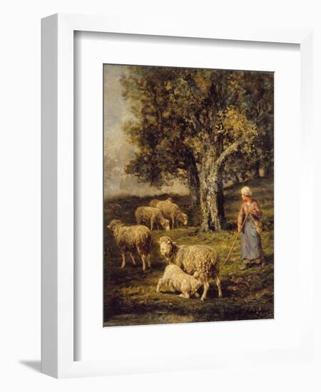 A Shepherdess and Sheep in a Barbizon Landscape-Charles Emile Jacque-Framed Giclee Print