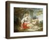 A Shepherdess Seated with Sheep and a Basket of Flowers Near a Ruin in a Wooded Landscape-Jean-Honoré Fragonard-Framed Giclee Print