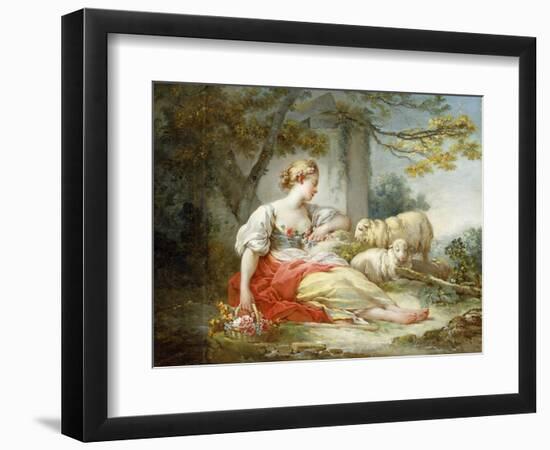 A Shepherdess Seated with Sheep and a Basket of Flowers Near a Ruin in a Wooded Landscape-Jean-Honoré Fragonard-Framed Giclee Print