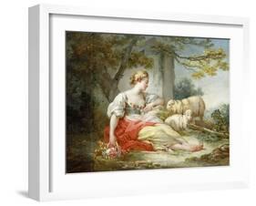 A Shepherdess Seated with Sheep and a Basket of Flowers Near a Ruin in a Wooded Landscape-Jean-Honoré Fragonard-Framed Giclee Print