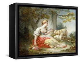 A Shepherdess Seated with Sheep and a Basket of Flowers Near a Ruin in a Wooded Landscape-Jean-Honoré Fragonard-Framed Stretched Canvas