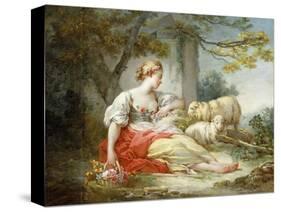 A Shepherdess Seated with Sheep and a Basket of Flowers Near a Ruin in a Wooded Landscape-Jean-Honoré Fragonard-Stretched Canvas