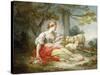 A Shepherdess Seated with Sheep and a Basket of Flowers Near a Ruin in a Wooded Landscape-Jean-Honoré Fragonard-Stretched Canvas