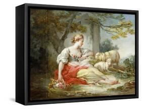 A Shepherdess Seated with Sheep and a Basket of Flowers Near a Ruin in a Wooded Landscape-Jean-Honoré Fragonard-Framed Stretched Canvas