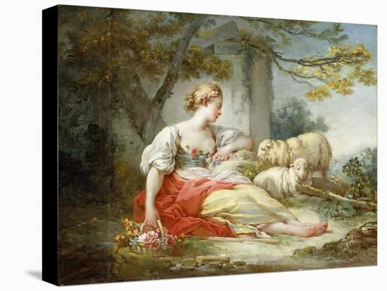 A Shepherdess Seated with Sheep and a Basket of Flowers Near a Ruin in a Wooded Landscape-Jean-Honoré Fragonard-Stretched Canvas