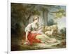 A Shepherdess Seated with Sheep and a Basket of Flowers Near a Ruin in a Wooded Landscape-Jean-Honoré Fragonard-Framed Premium Giclee Print