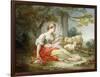 A Shepherdess Seated with Sheep and a Basket of Flowers Near a Ruin in a Wooded Landscape-Jean-Honoré Fragonard-Framed Premium Giclee Print