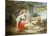 A Shepherdess Seated with Sheep and a Basket of Flowers Near a Ruin in a Wooded Landscape-Jean-Honoré Fragonard-Mounted Premium Giclee Print