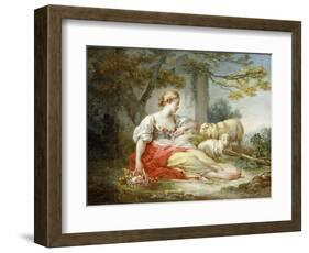 A Shepherdess Seated with Sheep and a Basket of Flowers Near a Ruin in a Wooded Landscape-Jean-Honoré Fragonard-Framed Giclee Print