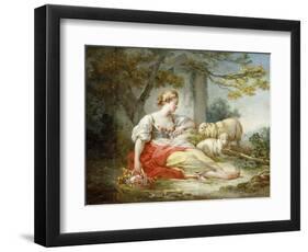 A Shepherdess Seated with Sheep and a Basket of Flowers Near a Ruin in a Wooded Landscape-Jean-Honoré Fragonard-Framed Giclee Print