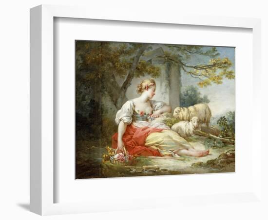 A Shepherdess Seated with Sheep and a Basket of Flowers Near a Ruin in a Wooded Landscape-Jean-Honoré Fragonard-Framed Giclee Print