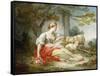 A Shepherdess Seated with Sheep and a Basket of Flowers Near a Ruin in a Wooded Landscape-Jean-Honoré Fragonard-Framed Stretched Canvas