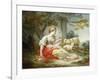 A Shepherdess Seated with Sheep and a Basket of Flowers Near a Ruin in a Wooded Landscape-Jean-Honoré Fragonard-Framed Giclee Print