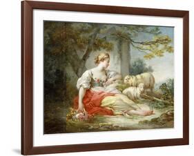 A Shepherdess Seated with Sheep and a Basket of Flowers Near a Ruin in a Wooded Landscape-Jean-Honoré Fragonard-Framed Giclee Print