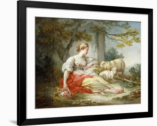 A Shepherdess Seated with Sheep and a Basket of Flowers Near a Ruin in a Wooded Landscape-Jean-Honoré Fragonard-Framed Giclee Print