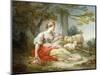 A Shepherdess Seated with Sheep and a Basket of Flowers Near a Ruin in a Wooded Landscape-Jean-Honoré Fragonard-Mounted Premium Giclee Print