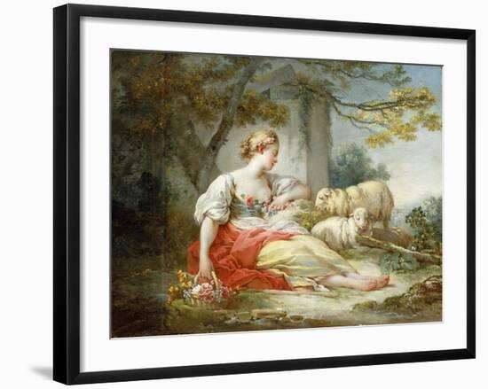 A Shepherdess Seated with Sheep and a Basket of Flowers Near a Ruin in a Wooded Landscape-Jean-Honoré Fragonard-Framed Giclee Print