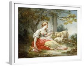 A Shepherdess Seated with Sheep and a Basket of Flowers Near a Ruin in a Wooded Landscape-Jean-Honoré Fragonard-Framed Giclee Print