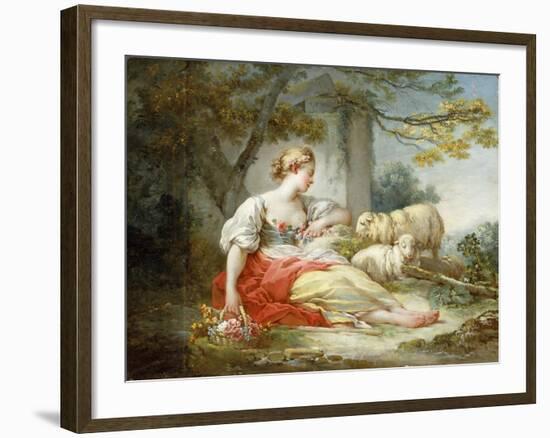 A Shepherdess Seated with Sheep and a Basket of Flowers Near a Ruin in a Wooded Landscape-Jean-Honoré Fragonard-Framed Giclee Print