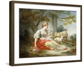 A Shepherdess Seated with Sheep and a Basket of Flowers Near a Ruin in a Wooded Landscape-Jean-Honoré Fragonard-Framed Giclee Print