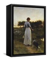 A Shepherdess with her Dog and Flock in a Moonlit Meadow-George Faulkener Wetherbee-Framed Stretched Canvas