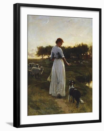 A Shepherdess with her Dog and Flock in a Moonlit Meadow-George Faulkener Wetherbee-Framed Giclee Print