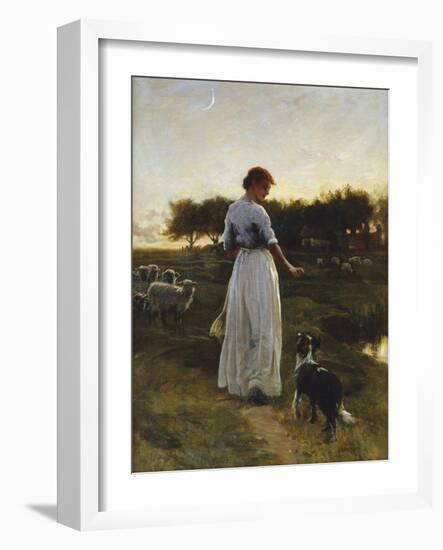 A Shepherdess with her Dog and Flock in a Moonlit Meadow-George Faulkener Wetherbee-Framed Giclee Print