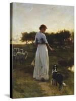 A Shepherdess with her Dog and Flock in a Moonlit Meadow-George Faulkener Wetherbee-Stretched Canvas