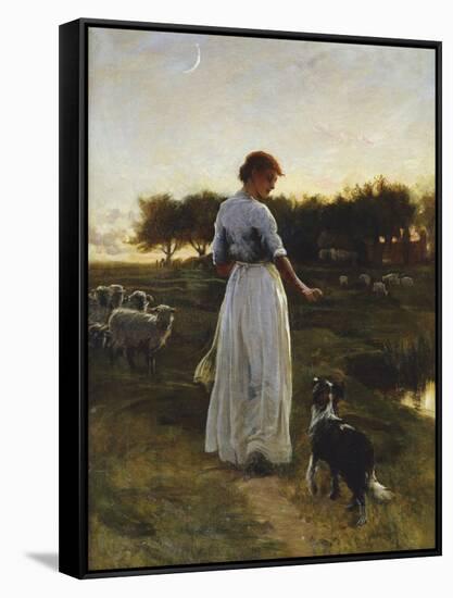 A Shepherdess with her Dog and Flock in a Moonlit Meadow-George Faulkener Wetherbee-Framed Stretched Canvas